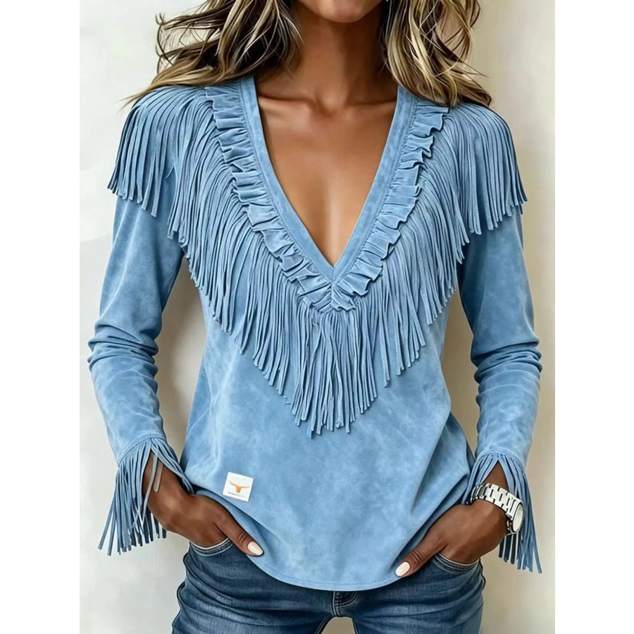 Fringed V-Neck Blouse Light Blue / S Apparel and Accessories