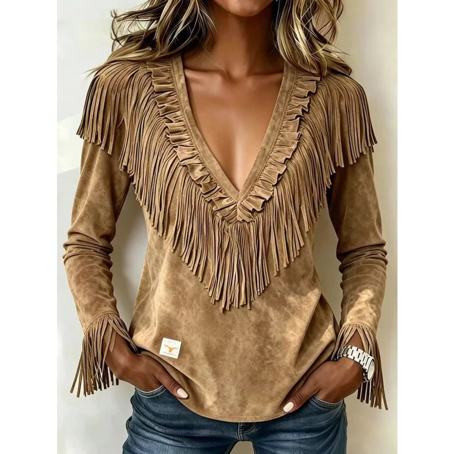 Fringed V-Neck Blouse Taupe / S Apparel and Accessories