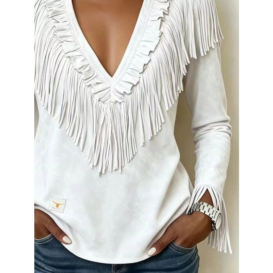 Fringed V-Neck Blouse White / S Apparel and Accessories