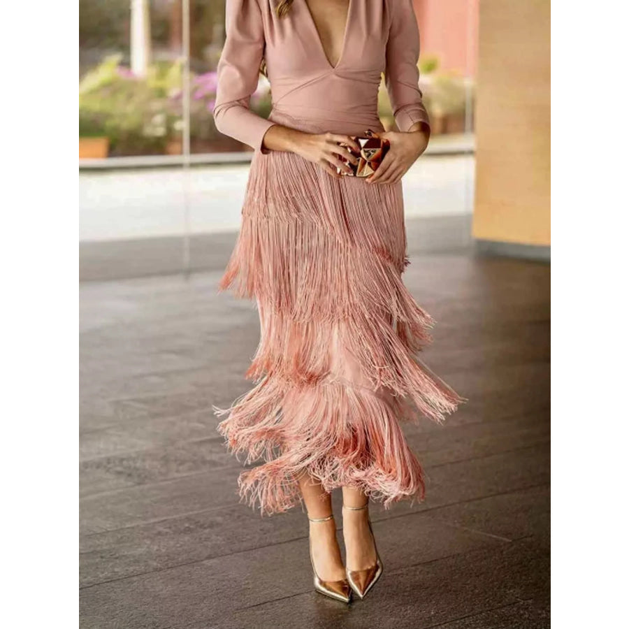Fringed V-Neck Puff Sleeve Maxi Dress Apparel and Accessories