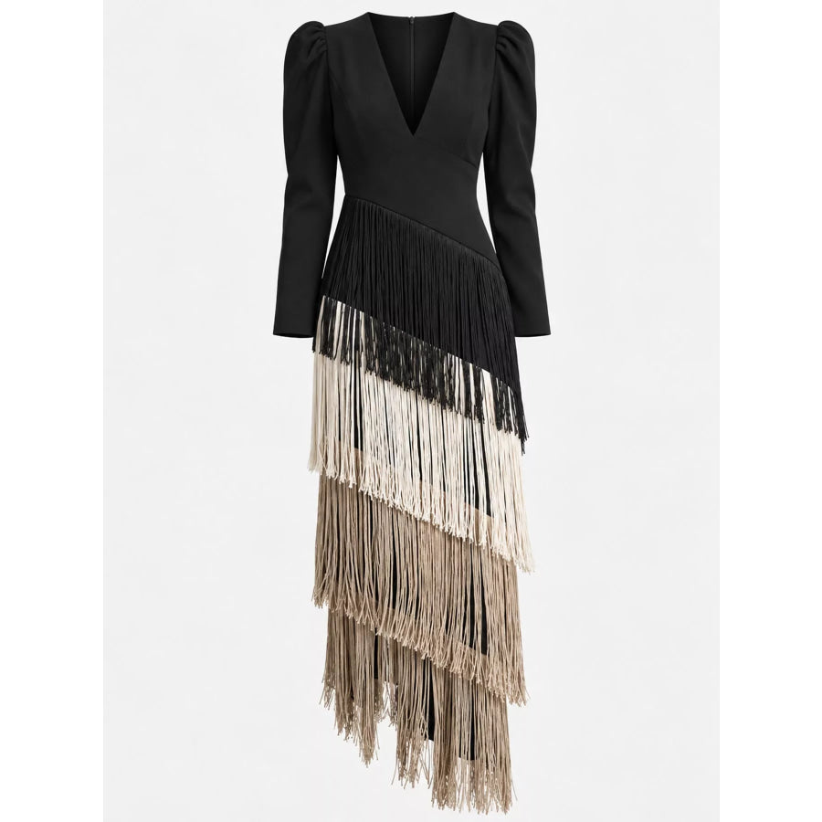 Fringed V-Neck Puff Sleeve Maxi Dress Apparel and Accessories