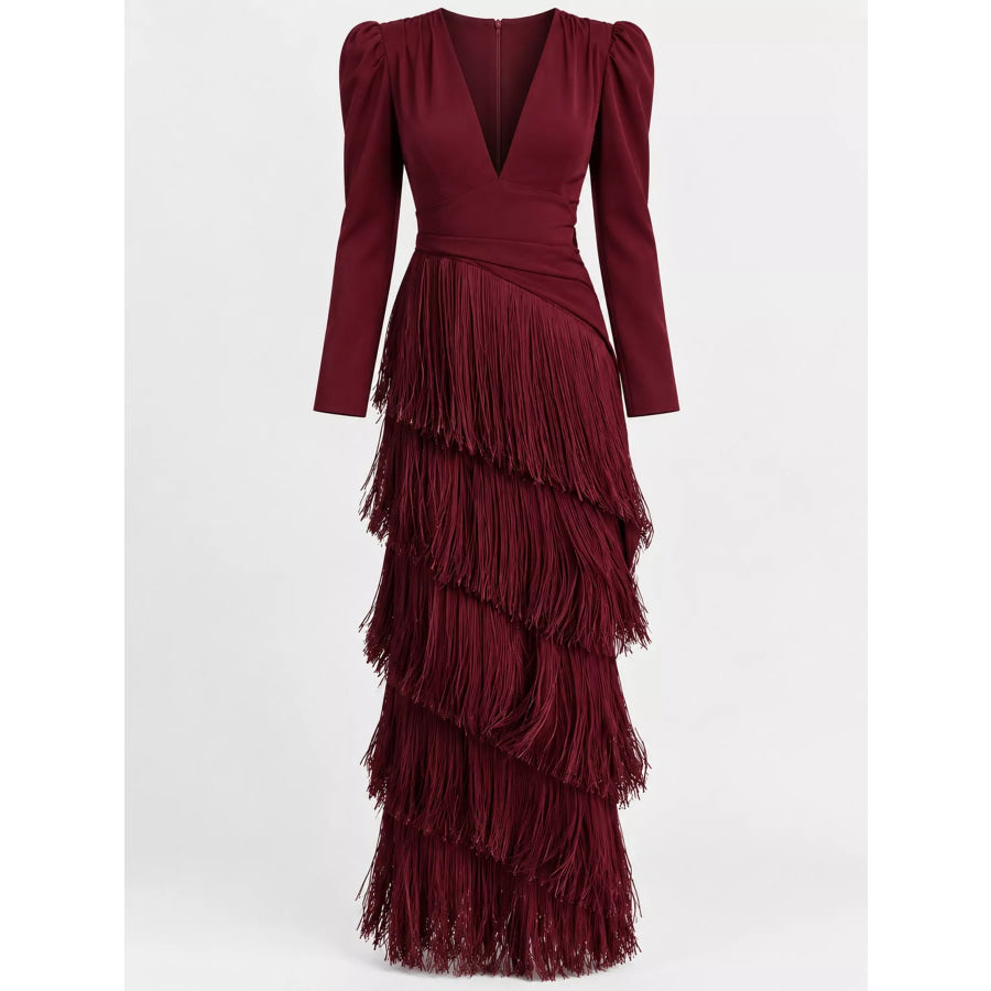 Fringed V-Neck Puff Sleeve Maxi Dress Apparel and Accessories