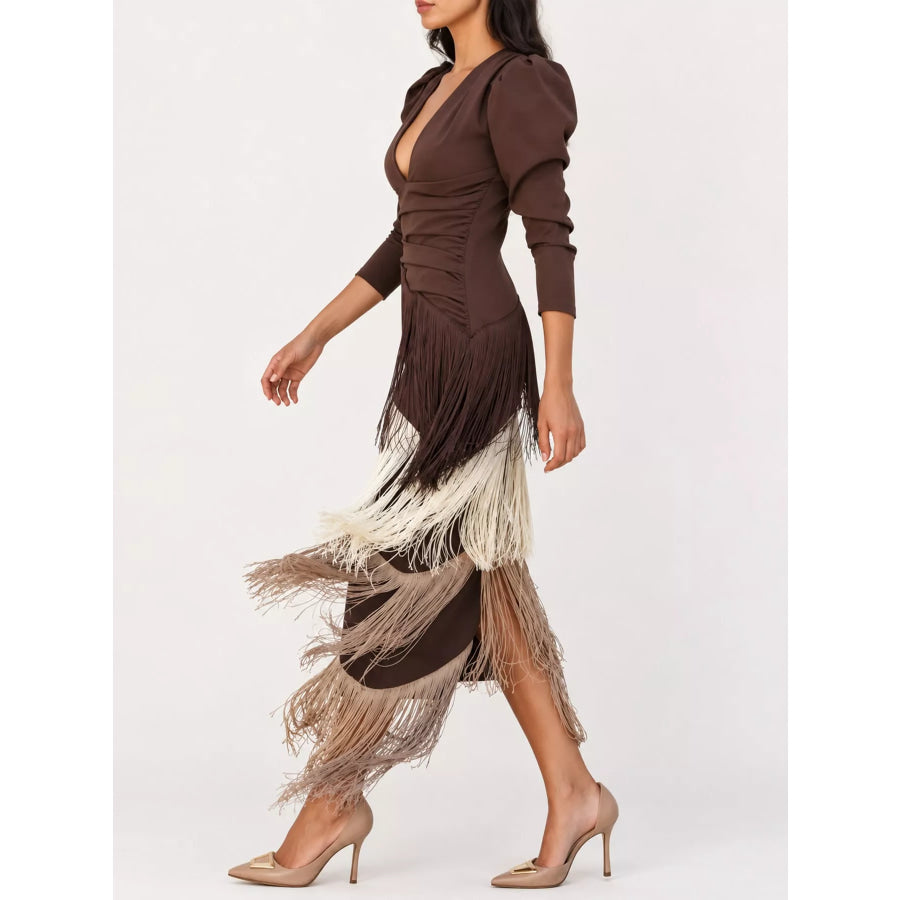Fringed V-Neck Puff Sleeve Maxi Dress Apparel and Accessories