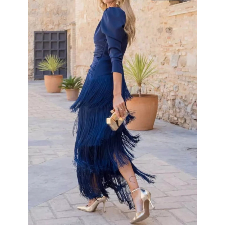 Fringed V-Neck Puff Sleeve Maxi Dress Apparel and Accessories