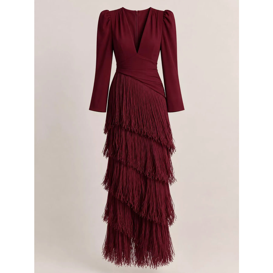 Fringed V-Neck Puff Sleeve Maxi Dress Apparel and Accessories