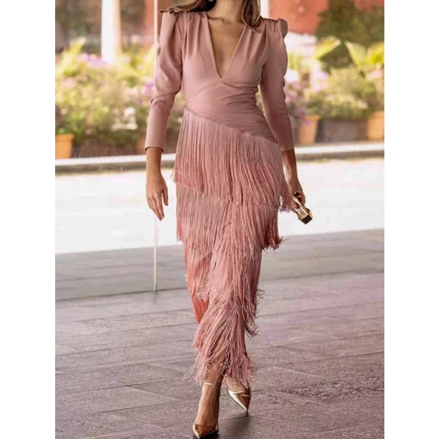 Fringed V-Neck Puff Sleeve Maxi Dress Apparel and Accessories