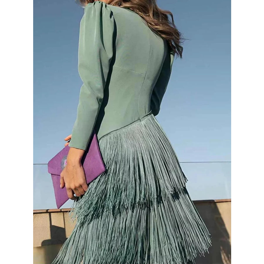 Fringed V-Neck Puff Sleeve Maxi Dress Apparel and Accessories