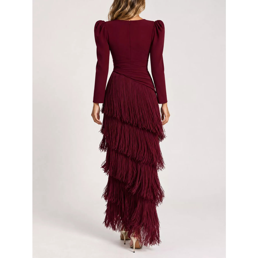 Fringed V-Neck Puff Sleeve Maxi Dress Apparel and Accessories