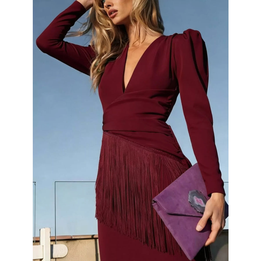 Fringed V-Neck Puff Sleeve Maxi Dress Apparel and Accessories
