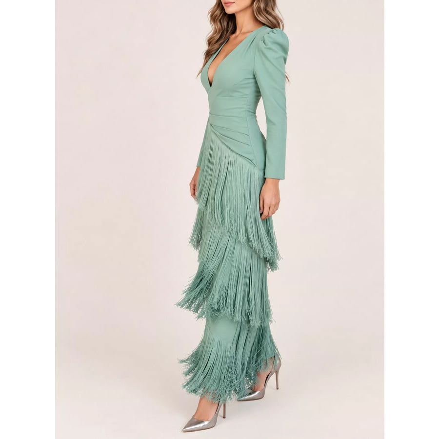 Fringed V-Neck Puff Sleeve Maxi Dress Apparel and Accessories