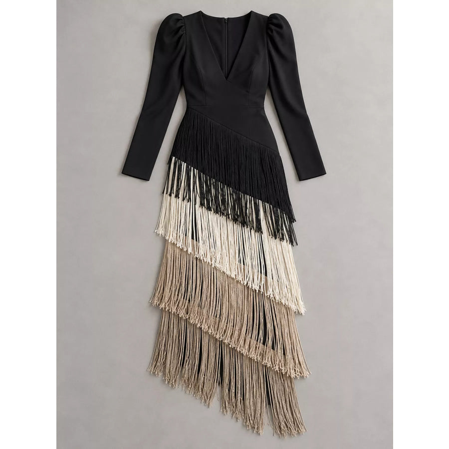 Fringed V-Neck Puff Sleeve Maxi Dress Apparel and Accessories