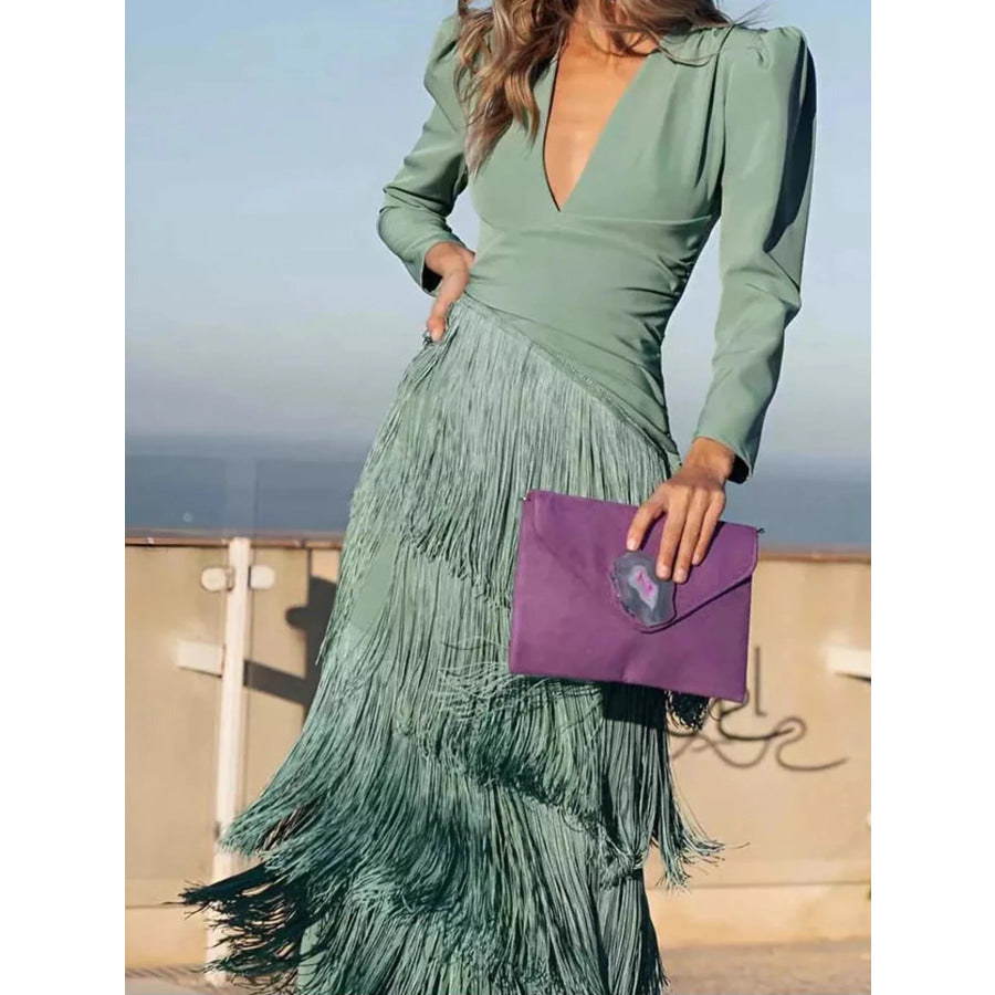 Fringed V-Neck Puff Sleeve Maxi Dress Gum Leaf / S Apparel and Accessories