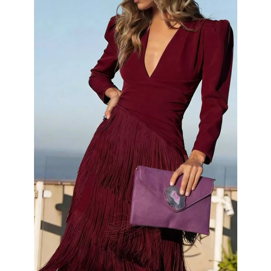 Fringed V-Neck Puff Sleeve Maxi Dress Apparel and Accessories