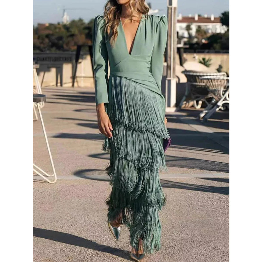 Fringed V-Neck Puff Sleeve Maxi Dress Apparel and Accessories