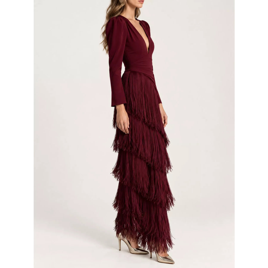 Fringed V-Neck Puff Sleeve Maxi Dress Apparel and Accessories