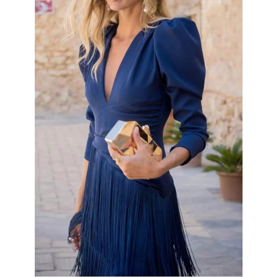 Fringed V-Neck Puff Sleeve Maxi Dress Apparel and Accessories