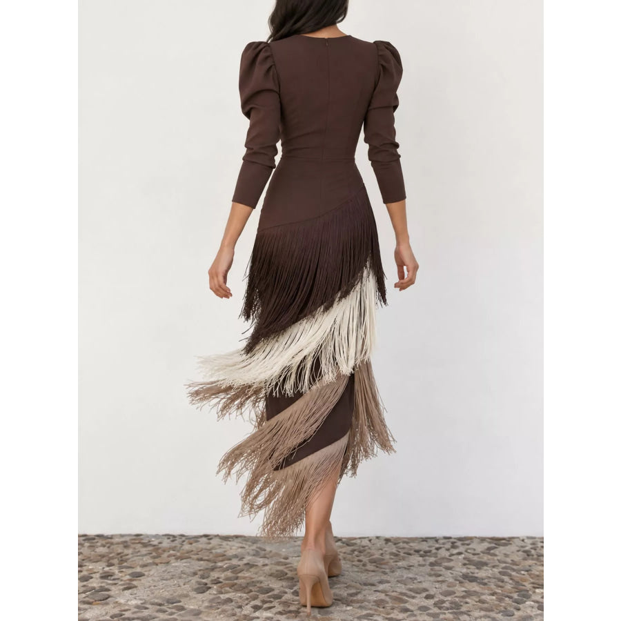 Fringed V-Neck Puff Sleeve Maxi Dress Apparel and Accessories
