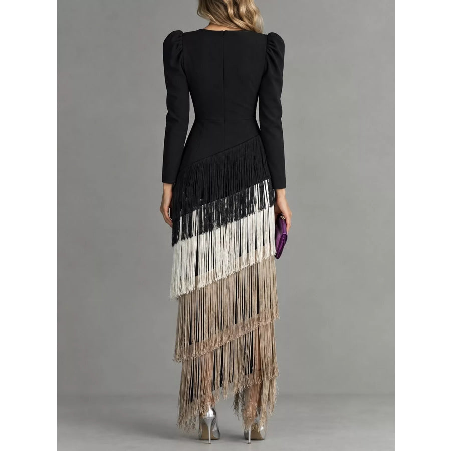 Fringed V-Neck Puff Sleeve Maxi Dress Apparel and Accessories