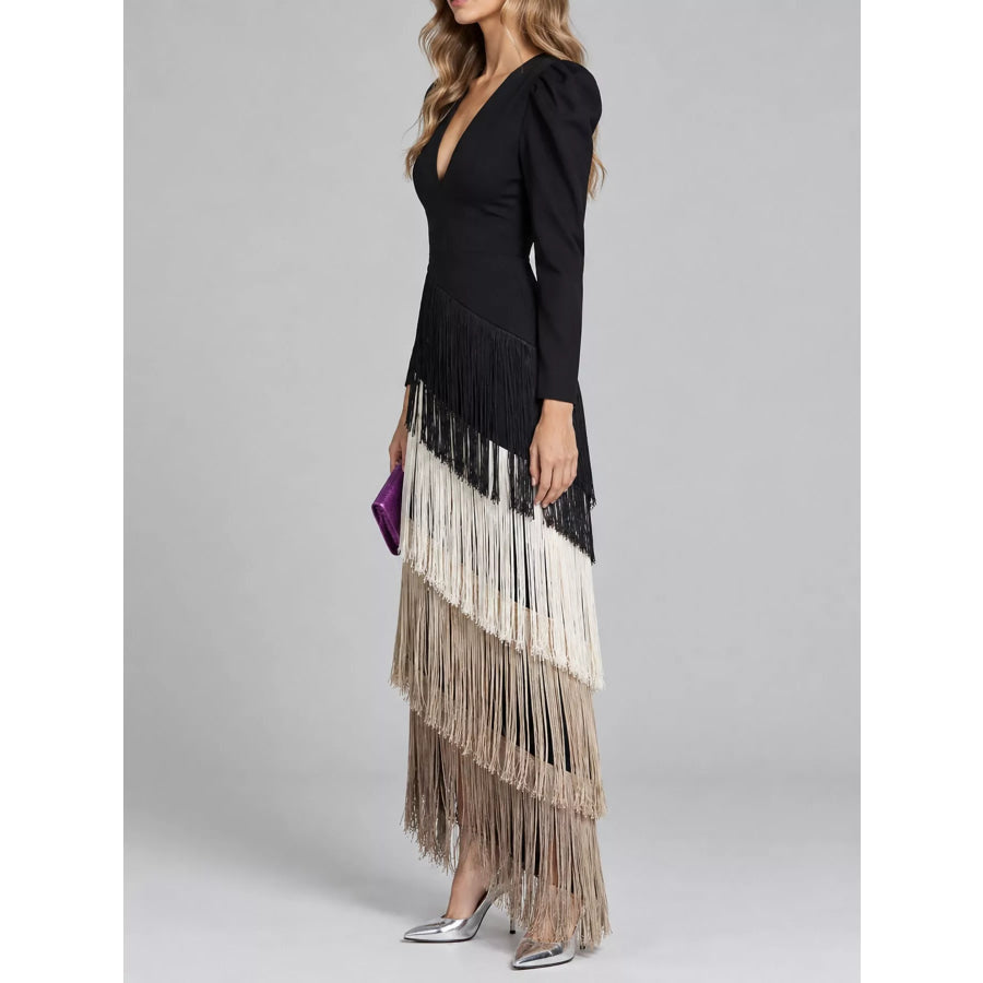Fringed V-Neck Puff Sleeve Maxi Dress Apparel and Accessories