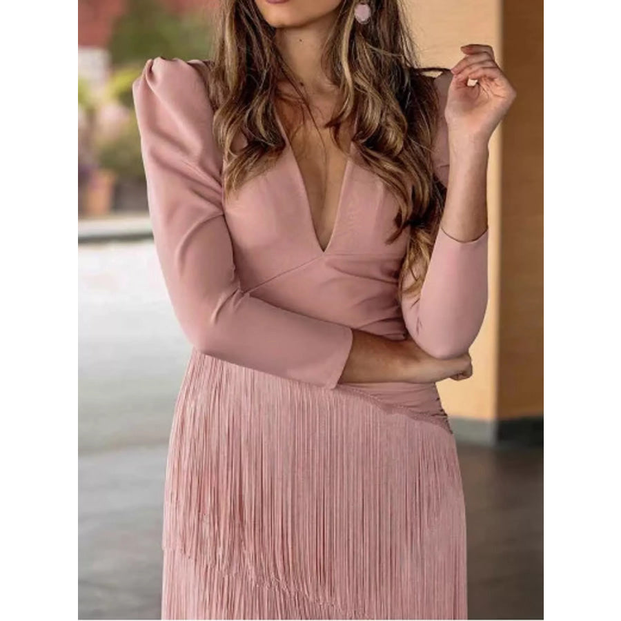 Fringed V-Neck Puff Sleeve Maxi Dress Apparel and Accessories