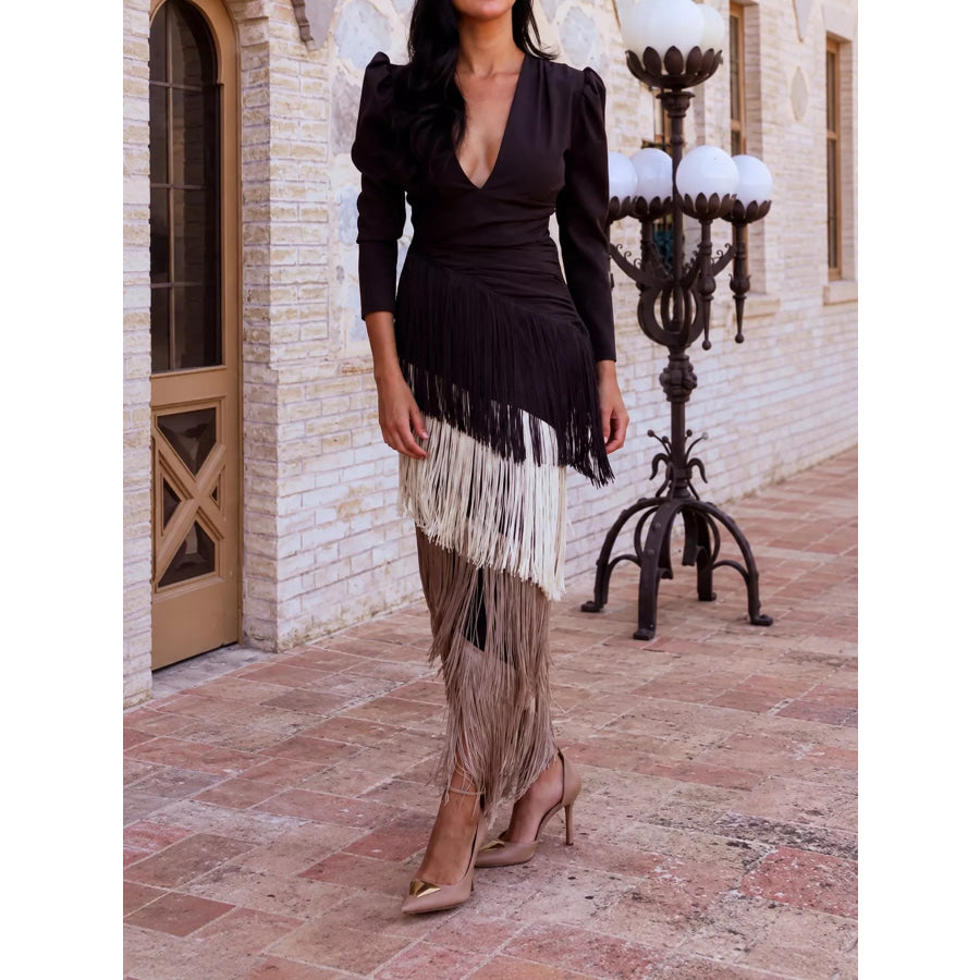 Fringed V-Neck Puff Sleeve Maxi Dress Black / S Apparel and Accessories