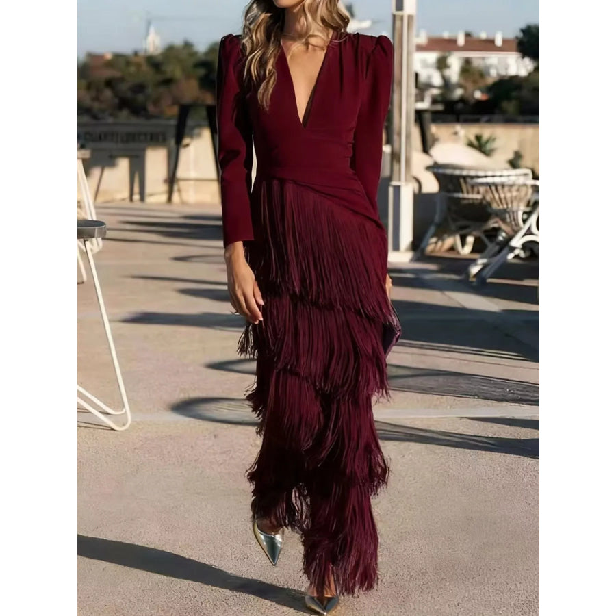 Fringed V-Neck Puff Sleeve Maxi Dress Burgundy / S Apparel and Accessories