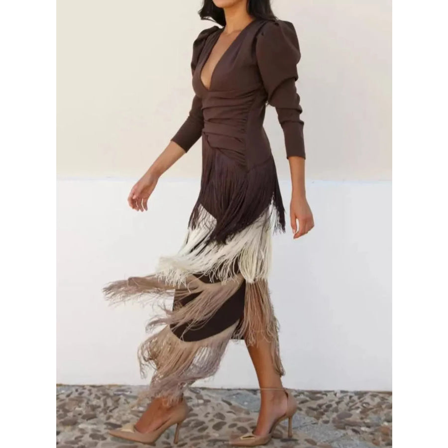 Fringed V-Neck Puff Sleeve Maxi Dress Coffee / S Apparel and Accessories