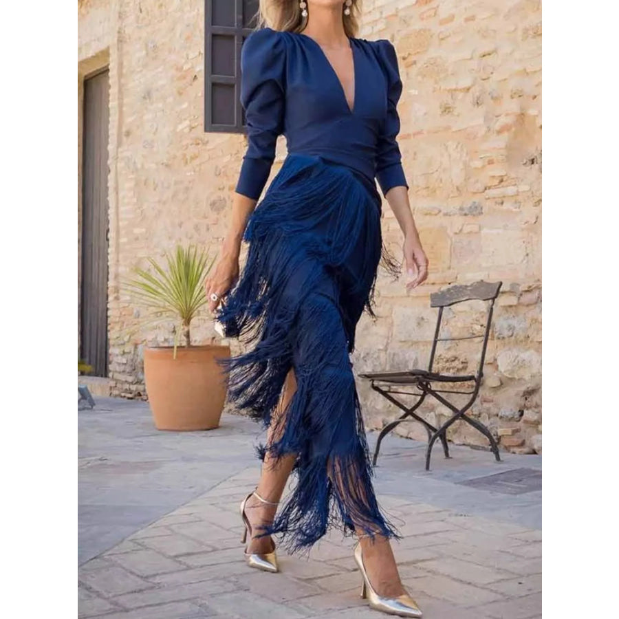 Fringed V-Neck Puff Sleeve Maxi Dress Dark Blue / S Apparel and Accessories
