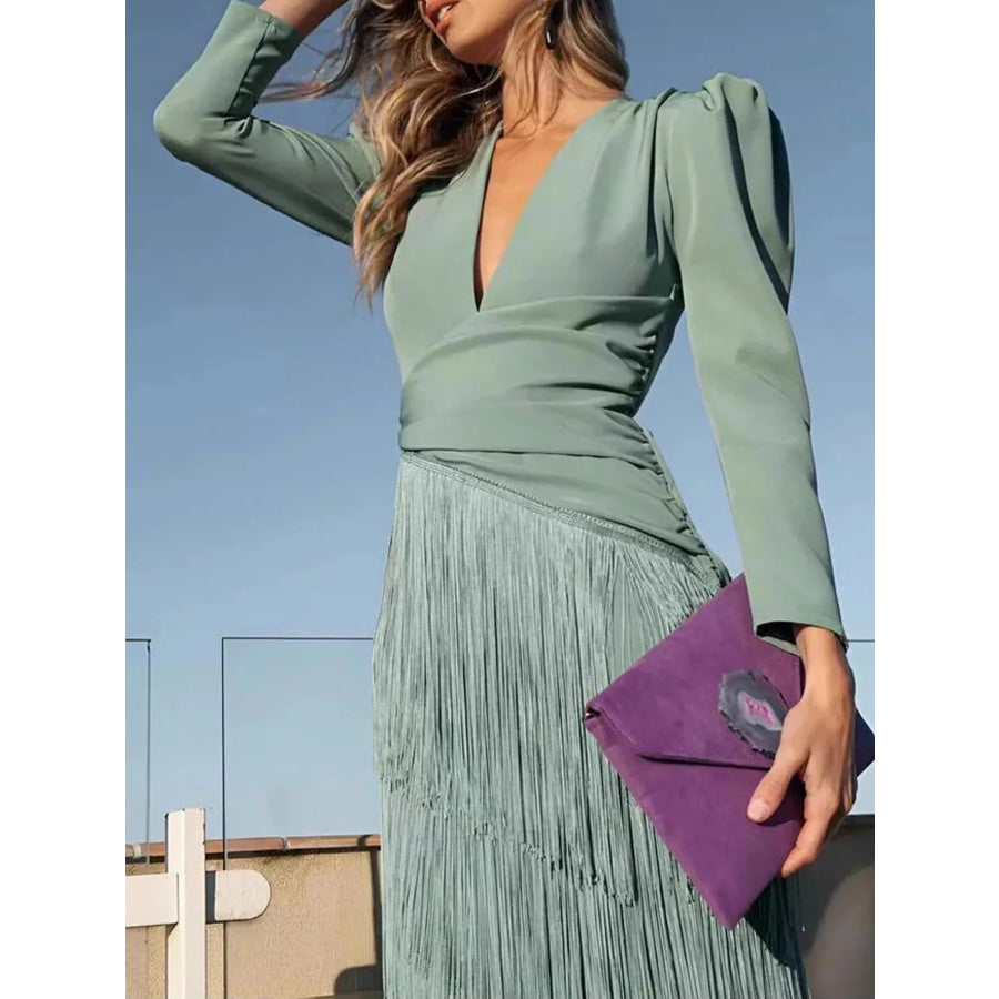 Fringed V-Neck Puff Sleeve Maxi Dress Gum Leaf / S Apparel and Accessories