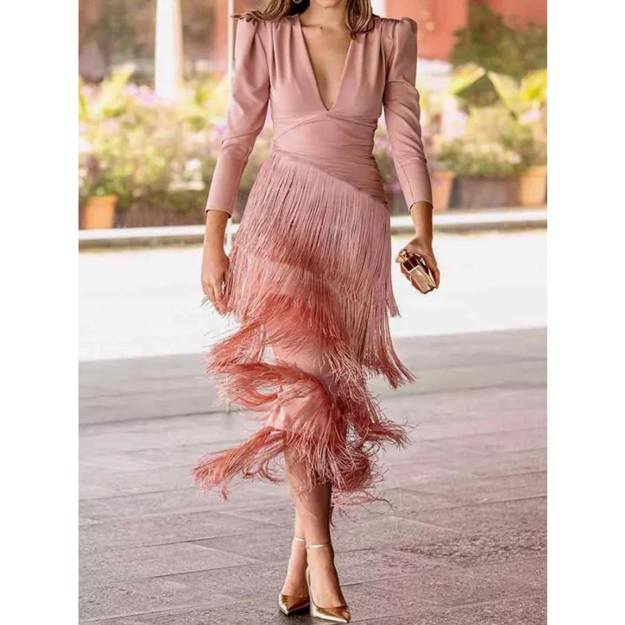 Fringed V-Neck Puff Sleeve Maxi Dress Pink / S Apparel and Accessories