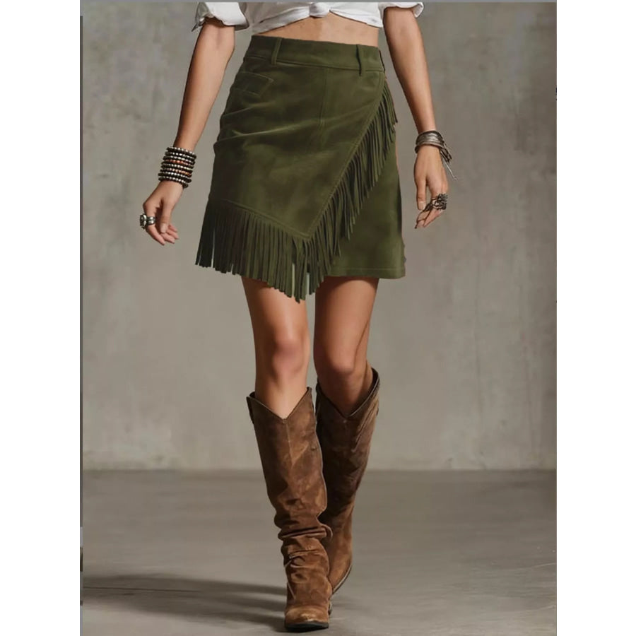 Fringed Wrap Mini Skirt Army Green / S Apparel and Accessories