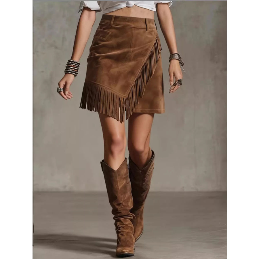 Fringed Wrap Mini Skirt Brown / S Apparel and Accessories