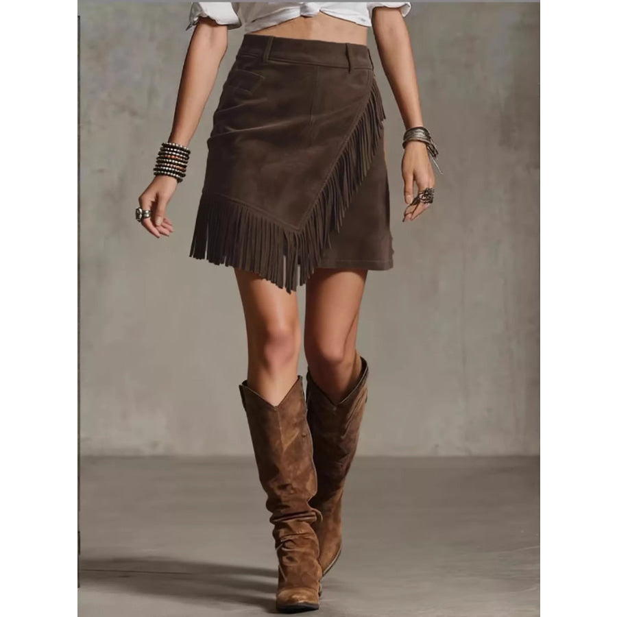Fringed Wrap Mini Skirt Coffee Brown / S Apparel and Accessories