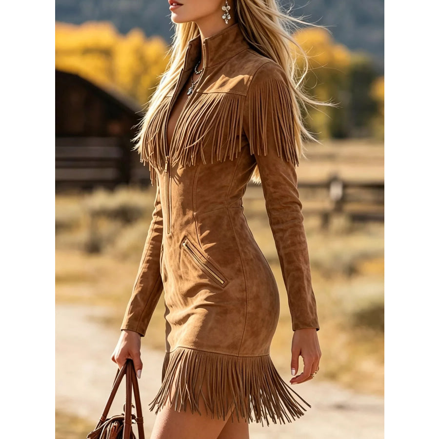 Fringed Zip-Front Mini Dress Apparel and Accessories