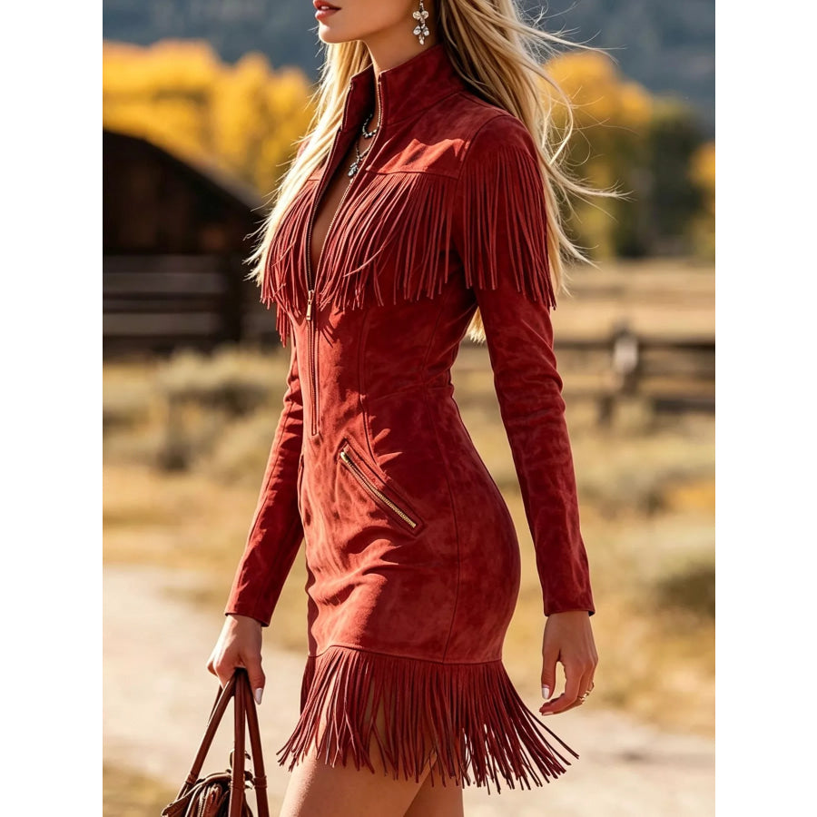 Fringed Zip-Front Mini Dress Red / S Apparel and Accessories