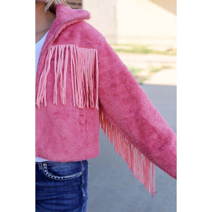 Fringed Zip Up Fleece Jacket Apparel and Accessories