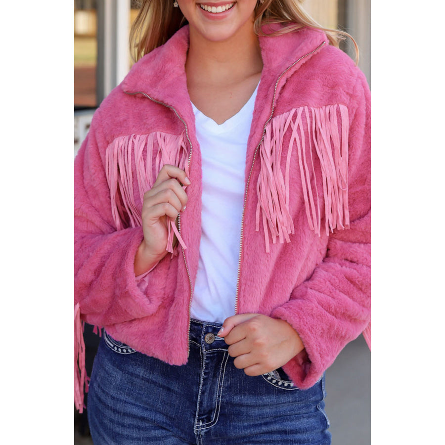 Fringed Zip Up Fleece Jacket Apparel and Accessories