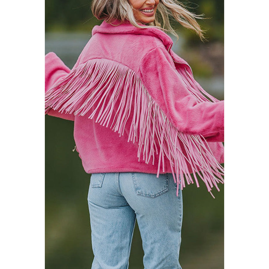 Fringed Zip Up Fleece Jacket Apparel and Accessories