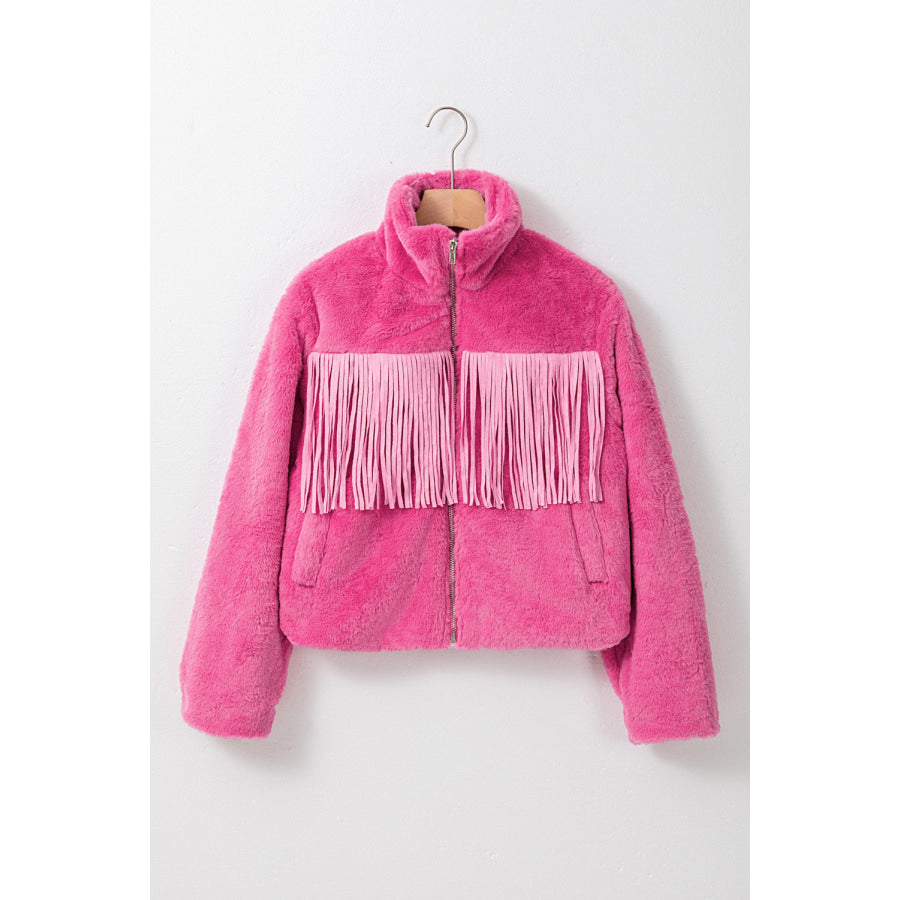 Fringed Zip Up Fleece Jacket Apparel and Accessories