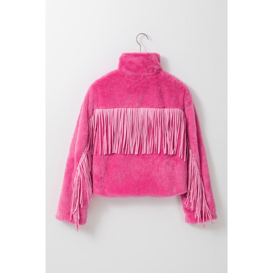 Fringed Zip Up Fleece Jacket Apparel and Accessories