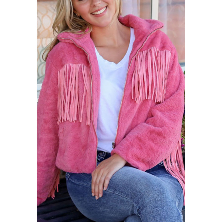 Fringed Zip Up Fleece Jacket Apparel and Accessories