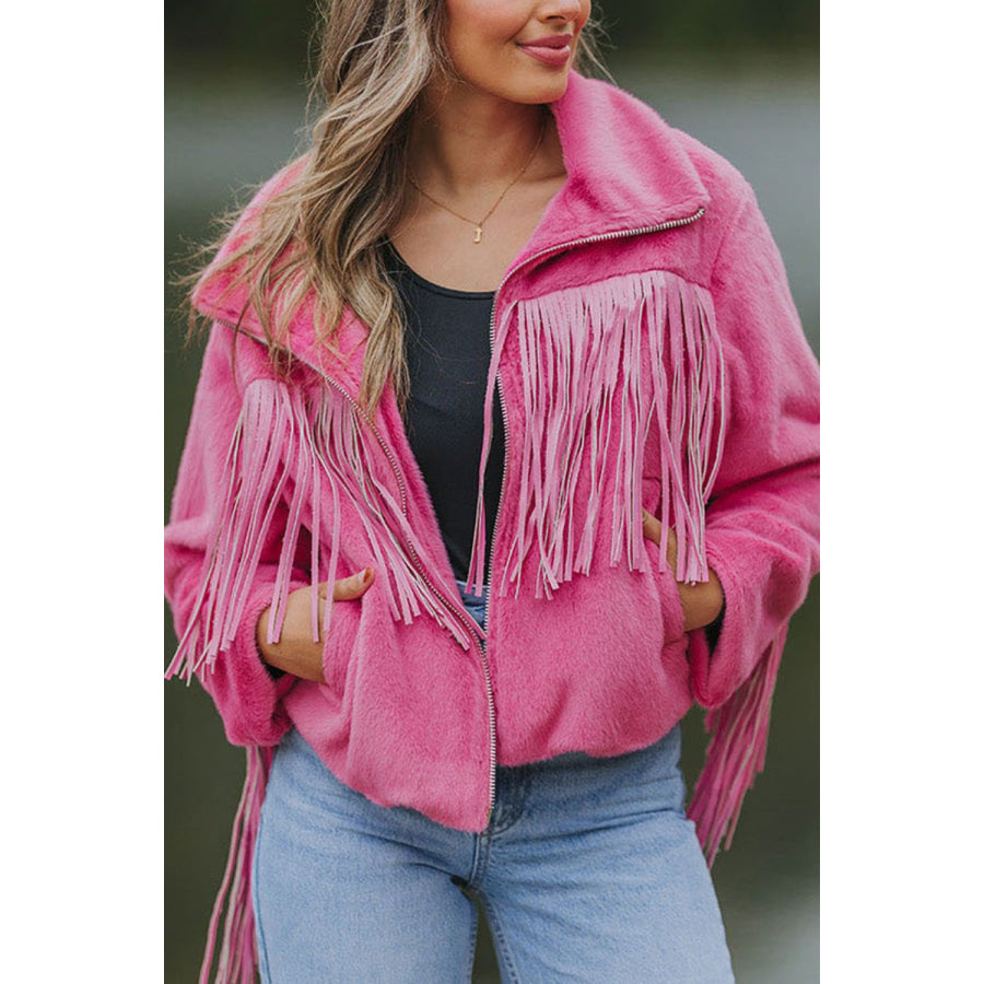 Fringed Zip Up Fleece Jacket Apparel and Accessories