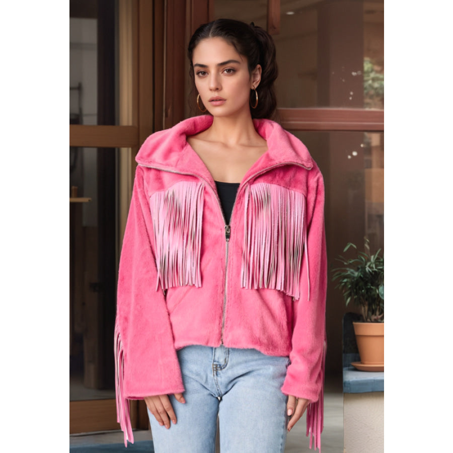 Fringed Zip Up Fleece Jacket Hot Pink / S Apparel and Accessories