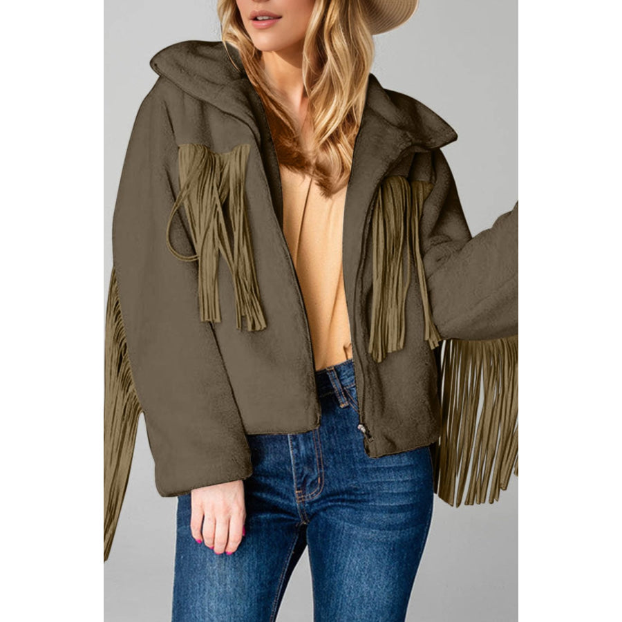 Fringed Zip Up Fleece Jacket Olive Brown / L Apparel and Accessories