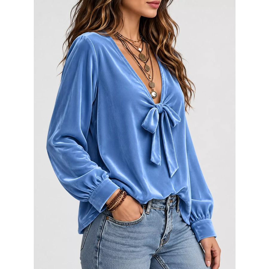 Front Bow Tie Detail V-Neck Top Apparel and Accessories