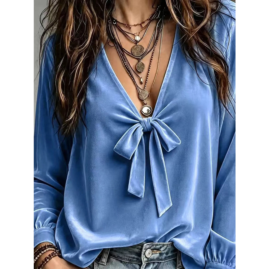 Front Bow Tie Detail V-Neck Top Blue / S Apparel and Accessories