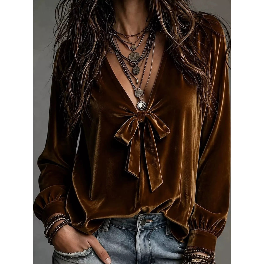 Front Bow Tie Detail V-Neck Top Coffee / S Apparel and Accessories