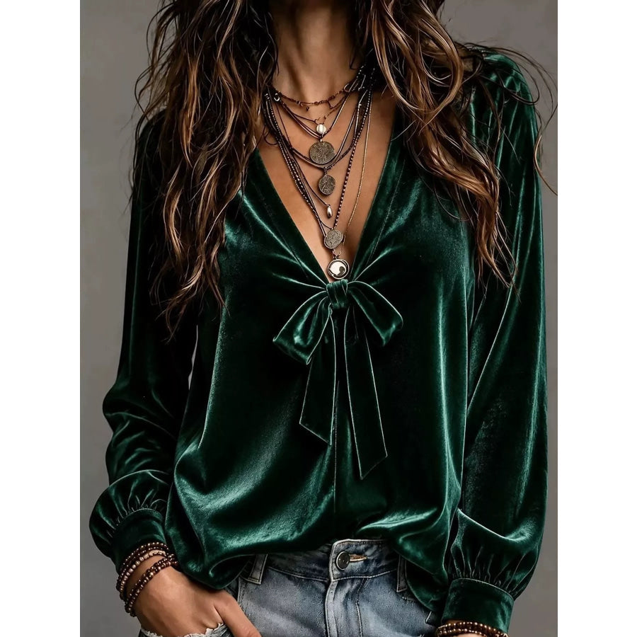 Front Bow Tie Detail V-Neck Top Green / S Apparel and Accessories