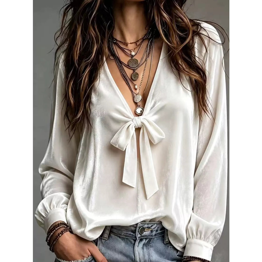 Front Bow Tie Detail V-Neck Top White / S Apparel and Accessories