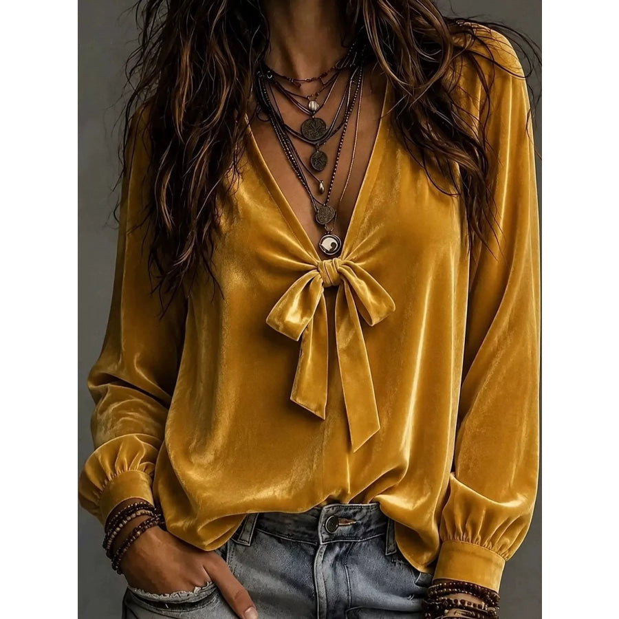 Front Bow Tie Detail V-Neck Top Yellow / S Apparel and Accessories